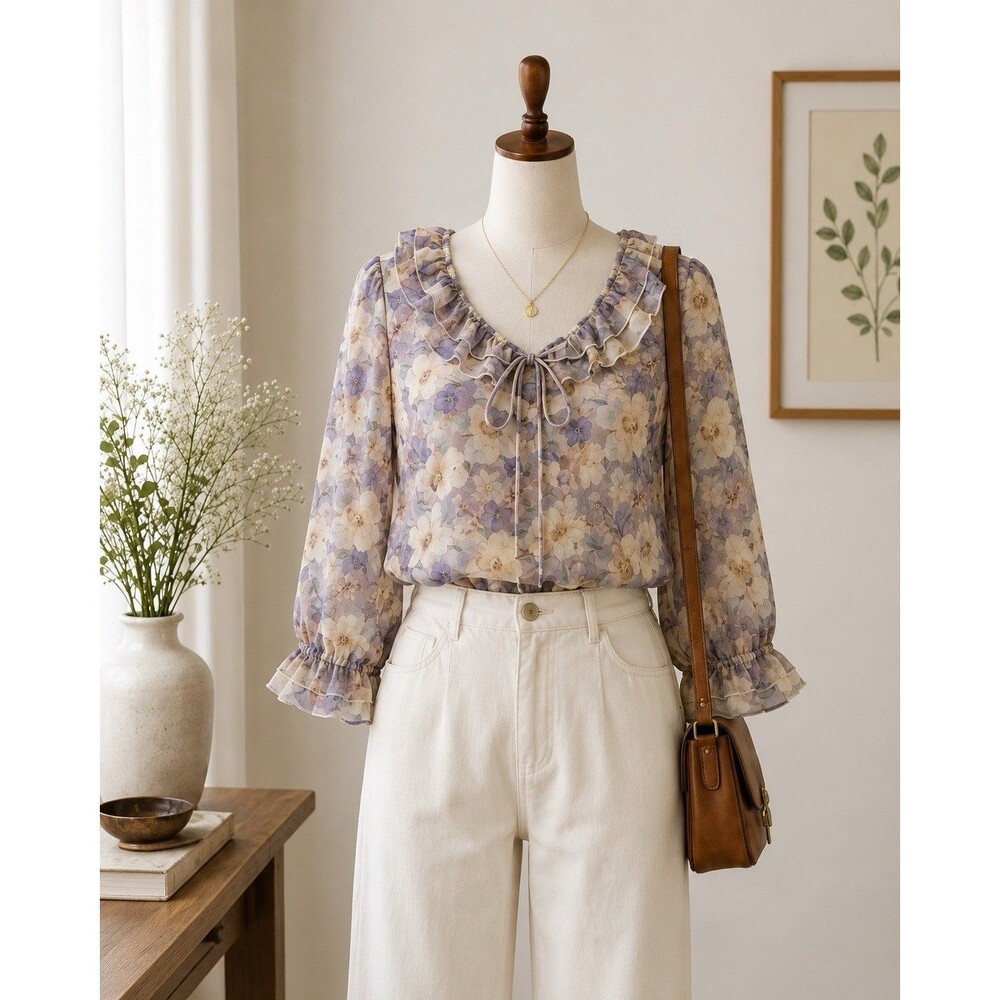 Women’s XL Sheer Floral Peasant Blouse Boho Cottagecore Fairy Bell Sleeve Top